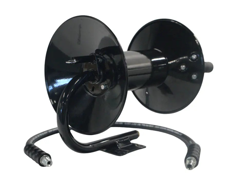 A black metal winch or Hose reel with a curved cable and mounting bracket, shown against a plain white background.