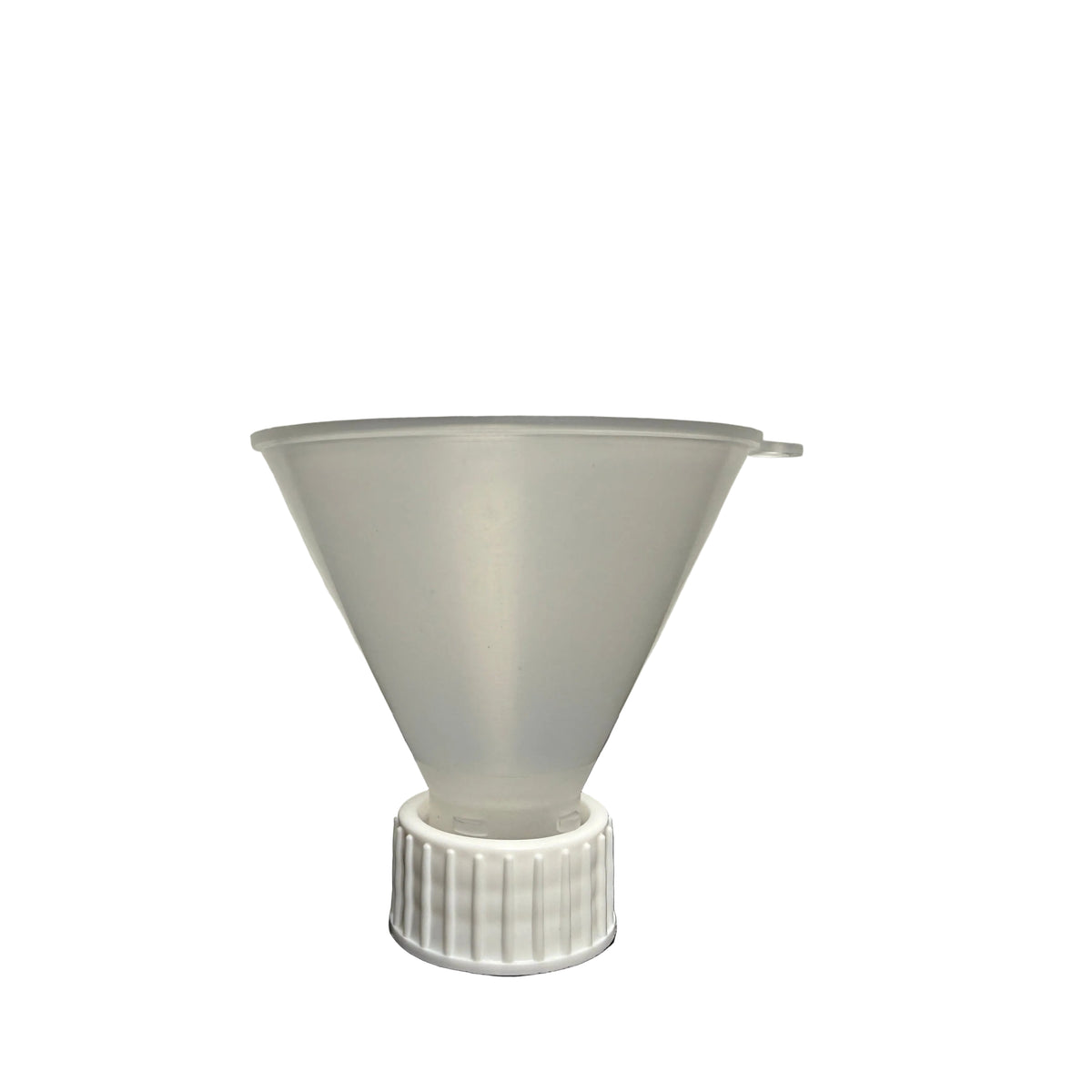 A translucent frosted plastic funnel with a white ribbed screw cap base, shown on a dark surface against a light gray background.