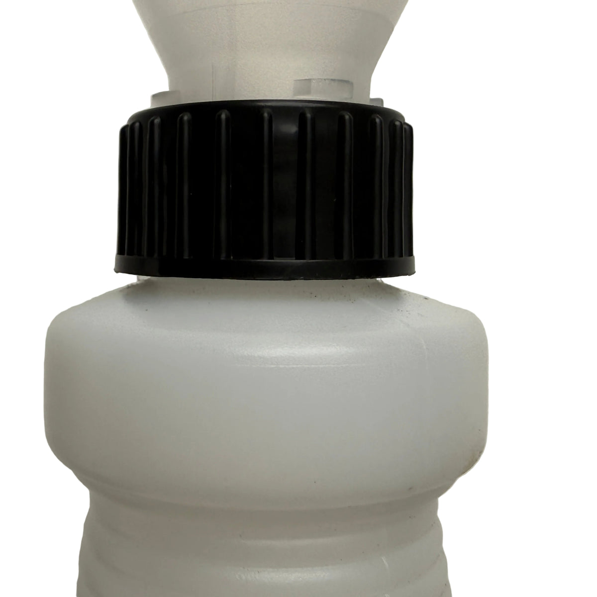A close-up of a white plastic bottle with a ribbed black cap and a translucent white funnel inserted at the top, set against a plain off-white background.