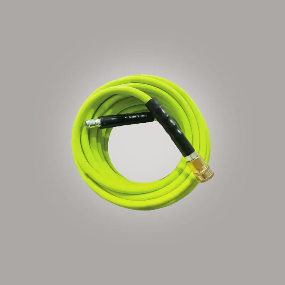 A coiled neon yellow-green hose with black and brass metal connectors, photographed against a plain light gray background.
