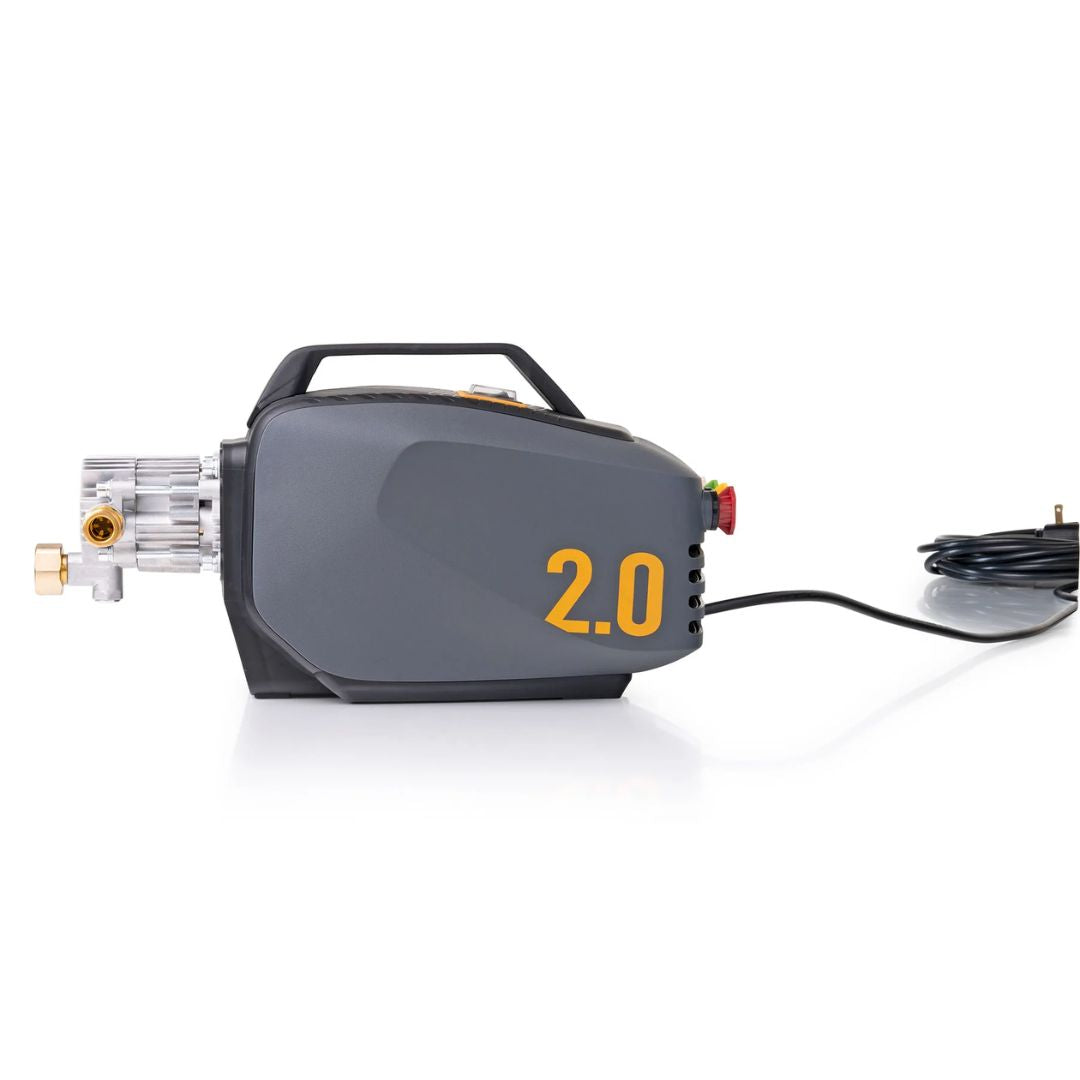 Black and yellow air compressor with '2.0' marking on a white background
