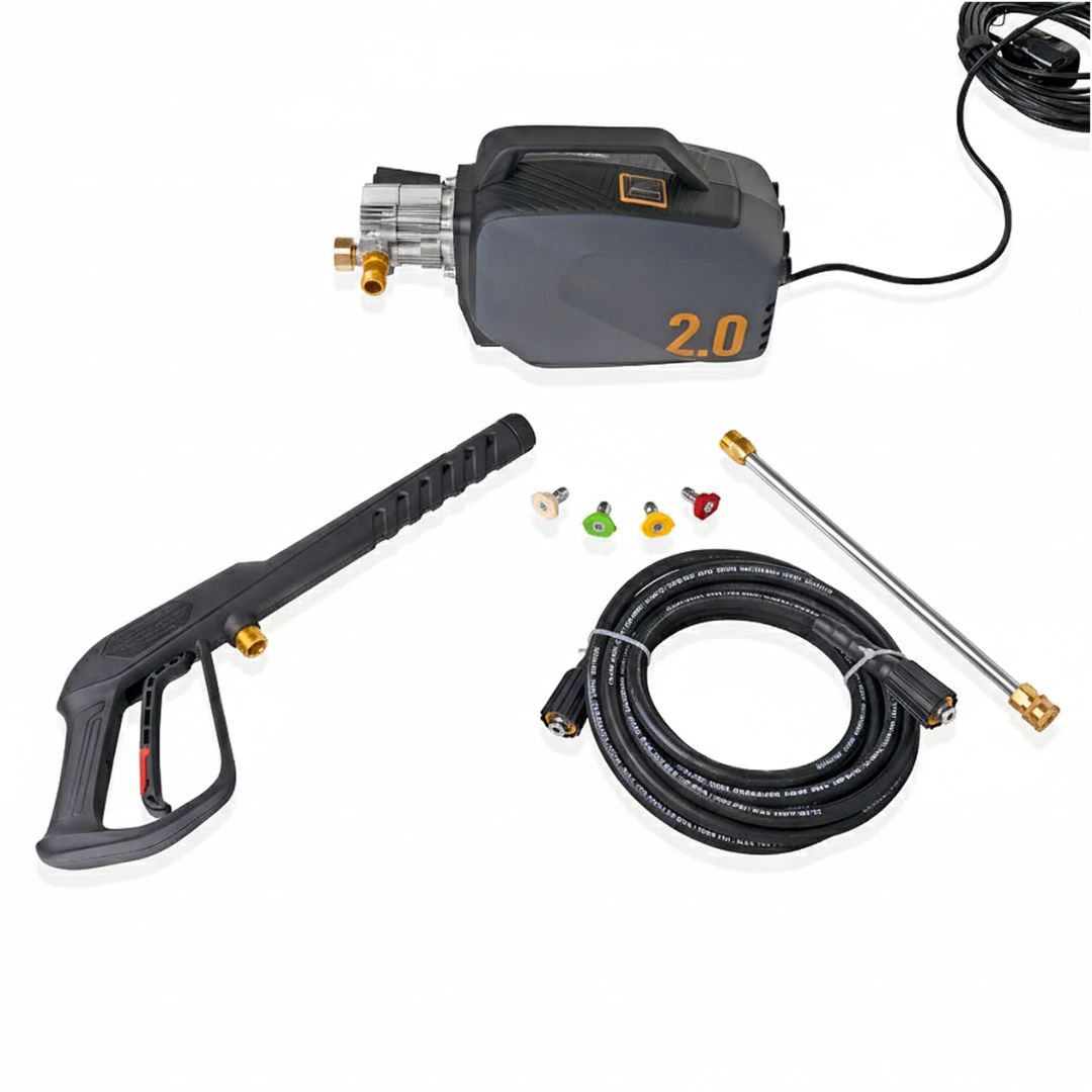 Black and yellow air compressor with '2.0' marking on a white background