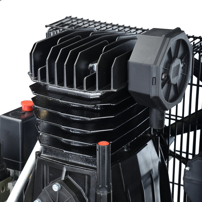 A black industrial air compressor with a large cylindrical tank, wheeled base, and attached engine unit with a protective wire guard, photographed on a clean white background.