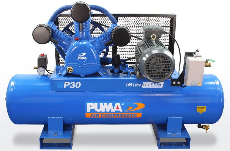 Puma air compressor with blue tank and visible branding on a white background