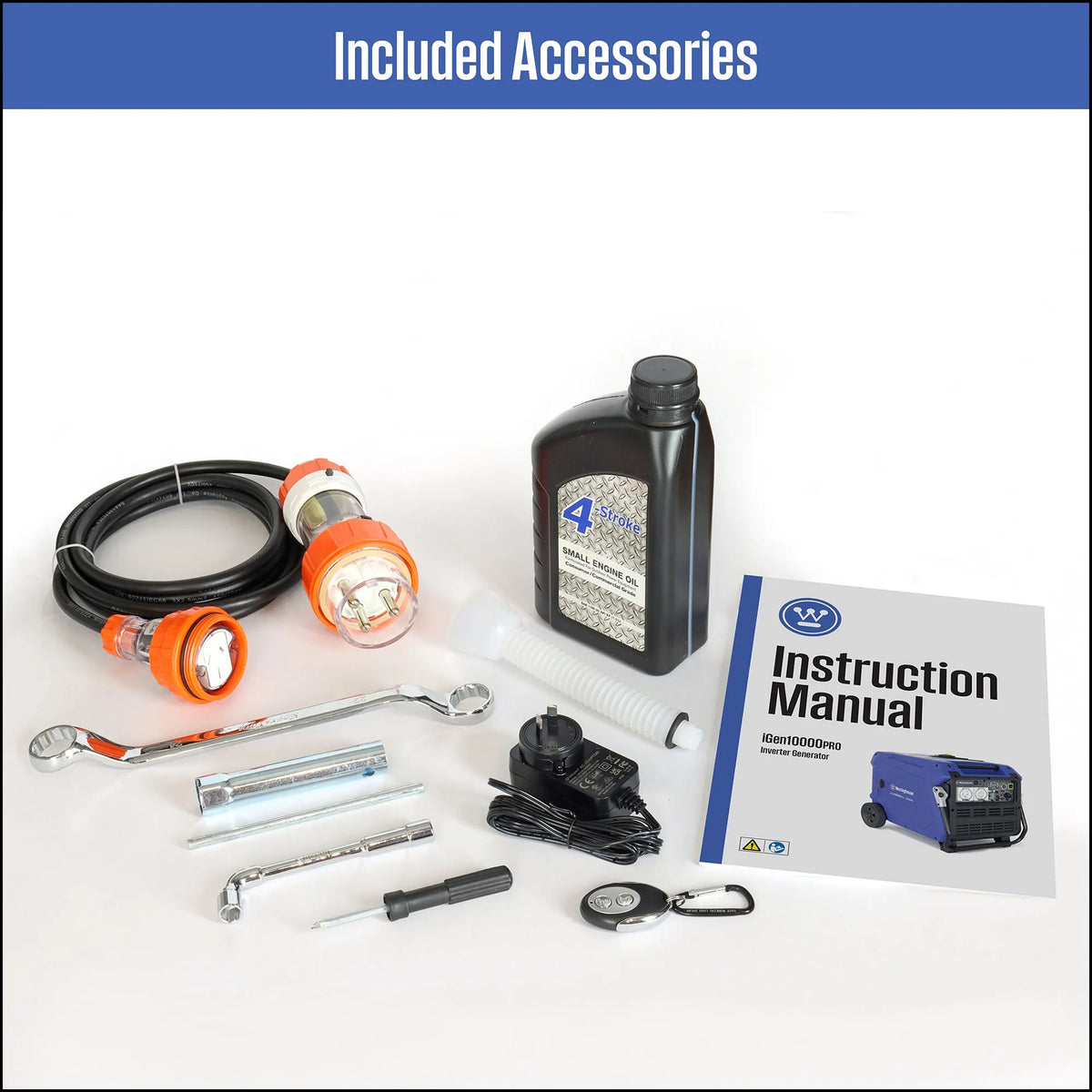 Set of included accessories with a bottle, tools, and an instruction manual on a white background.