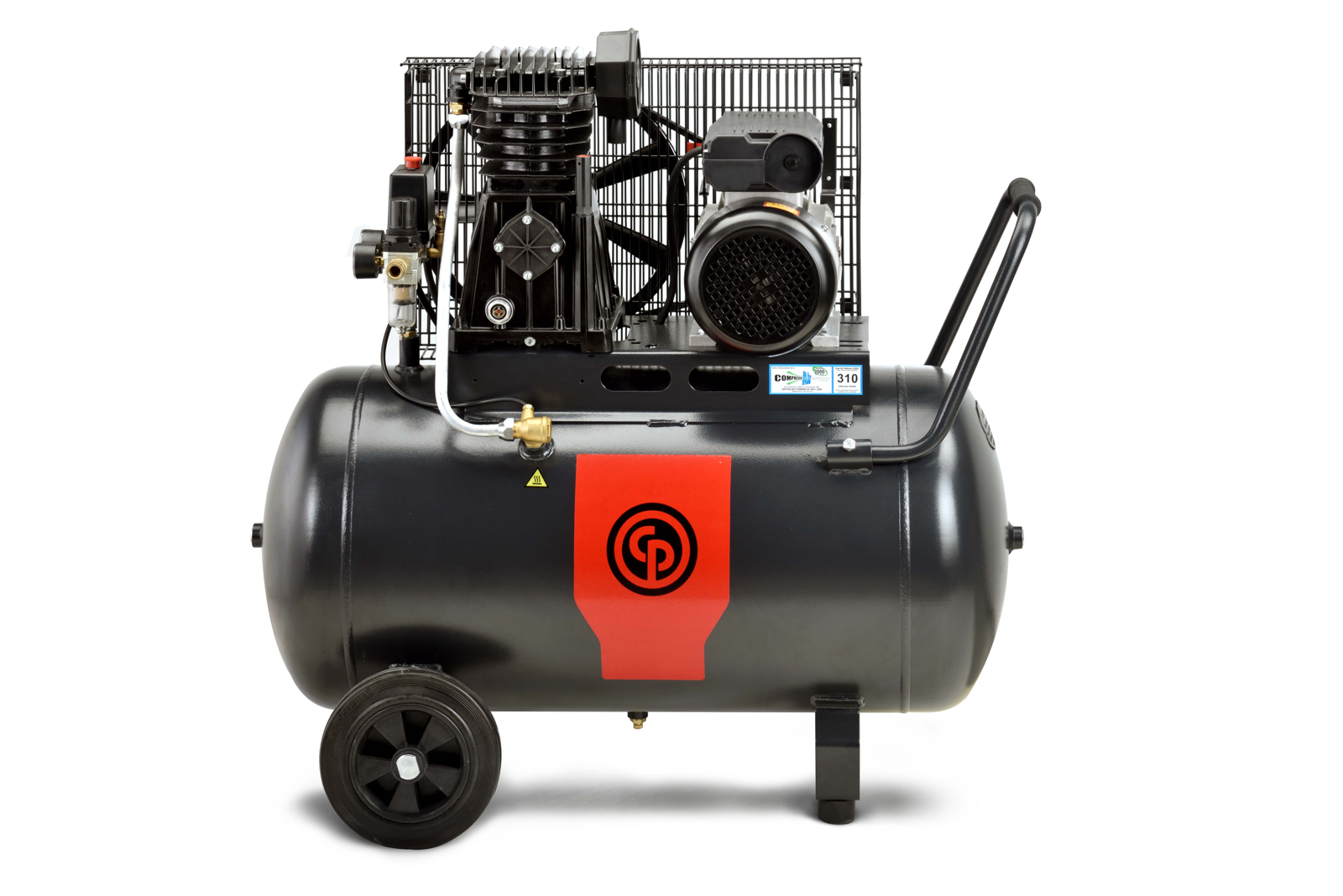 A black industrial air compressor with a large cylindrical tank, wheeled base, and attached engine unit with a protective wire guard, photographed on a clean white background.