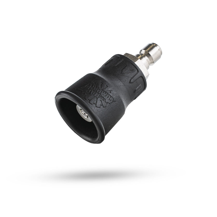 A black rubber garden hose coupler with a silver metal connector on a clean white background.