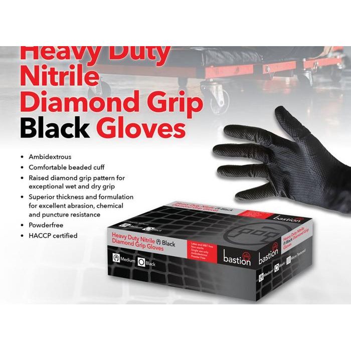 Bastion Heavy Duty Nitrile Diamond Grip Black, Powder Free, Medium - Carton 500-Gloves-Bastion-Medium-Detailing Shed