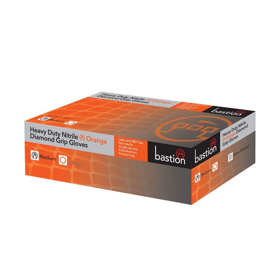 Bastion Heavy Duty Nitrile Diamond Grip Orange, Powder Free, Medium Carton500-Gloves-Bastion-Medium-Detailing Shed